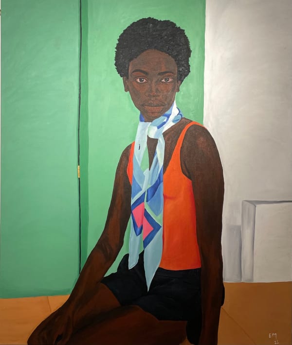 Matthew Eguavoen painting. Nigerian Artist. Contemporary Art Gallery. Oil on canvas. Figurative painting with a photographic vision. Mental health. Family portraits. Black Vanguard movement.