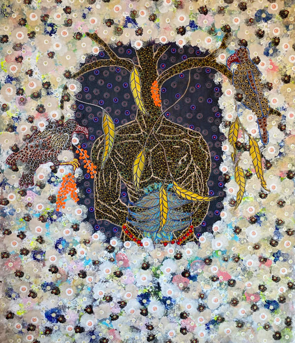 Ousmane Niang painting. Senegalese Artist. Contemporary African art in Paris. AFIKARIS PARIS. Acrylic and pastel on canvas. Pointillism. Anthropomorphic figures. Untitled art miami.