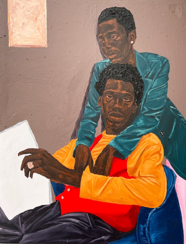 Matthew Eguavoen painting. Nigerian Artist. Contemporary Art Gallery. Oil on canvas. Figurative painting with a photographic vision. Mental health. Family portraits. Black Vanguard movement.