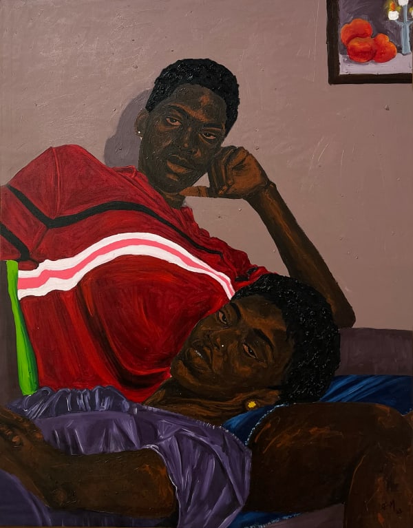 Matthew Eguavoen painting. Nigerian Artist. Contemporary Art Gallery. Oil on canvas. Figurative painting with a photographic vision. Mental health. Family portraits. Black Vanguard movement.