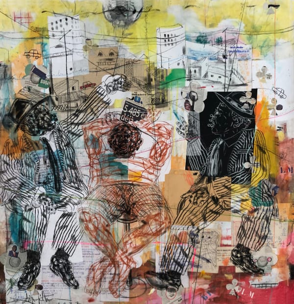 Salifou Lindou painting. Cameroonian Artist. Contemporary African art in Paris. AFIKARIS Gallery Paris. Mixed media on canvas. Figurative portraits. Duality of human beings. Observation of society. Cercle Kapsiki.