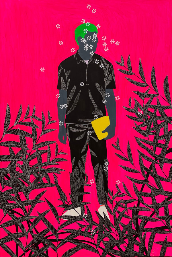 Moutsapha Baidi Oumarou painting. Cameroonian Artist. Contemporary art. Acrylic and pen on canvas. Flamboyant hues and monochrome background. Bold colours. Daily-life scenes.