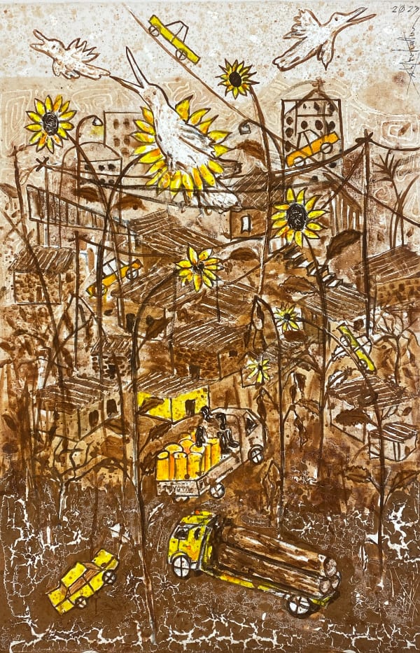 Salifou Lindou painting. Cameroonian Artist. Contemporary African art in Paris. AFIKARIS Gallery Paris. Mixed media on canvas. Figurative portraits. Duality of human beings. Observation of society. Cercle Kapsiki.