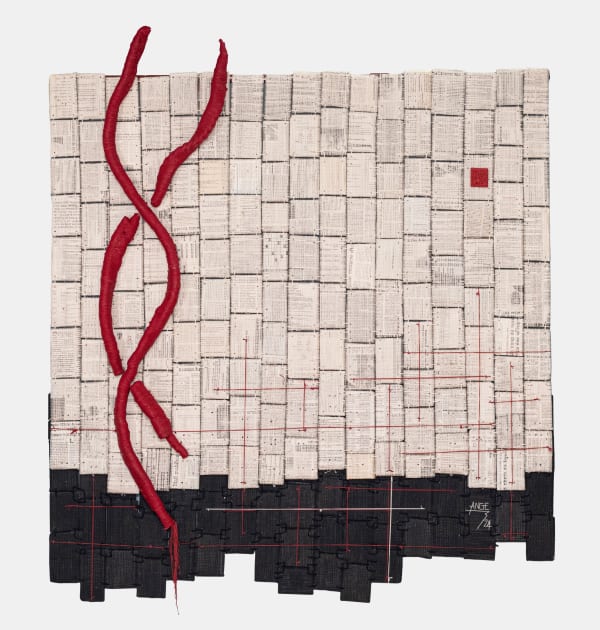 Ange Dakouo. Malian Artist. Contemporary African Art in Paris. AFIKARIS. Wall tapestries. Traditional artisanal techniques. Contemporary conceptual frameworks. Malian culture. Hybridity of techniques. Resilience. Global inequalities. Textile Artworks. Craftsmanship.