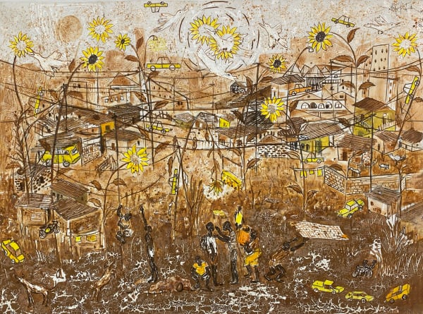 Salifou Lindou painting. Cameroonian Artist. Contemporary African art in Paris. AFIKARIS Gallery Paris. Mixed media on canvas. Figurative portraits. Duality of human beings. Observation of society. Cercle Kapsiki.