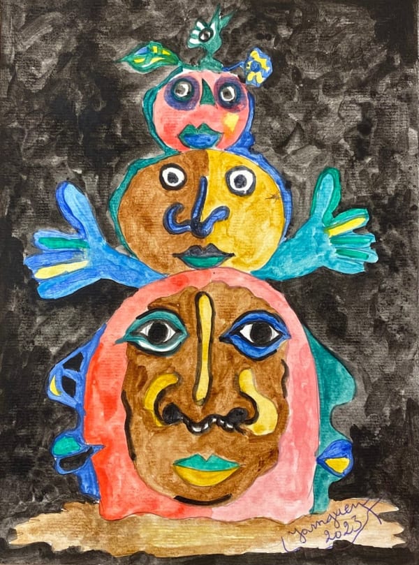 Hervé Yamguen drawing. Cameroonian historical Artist. Contemporary African art in Paris. Acrylic on paper. Colorful drawing. Abstract Figurative. Cercle Kapsiki.