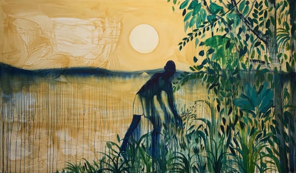 Omar Mahfoudi painting. Moroccan Artist. Contemporary art. Acrylic and ink on paper and canvas. Figurative. Abstraction. Cinematic paintings. Dreamy. Bold colours.