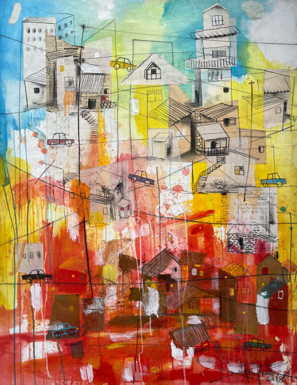 Salifou Lindou painting. Cameroonian Artist. Contemporary African art in Paris. AFIKARIS Gallery Paris. Mixed media on canvas. Figurative portraits. Duality of human beings. Observation of society. Cercle Kapsiki.