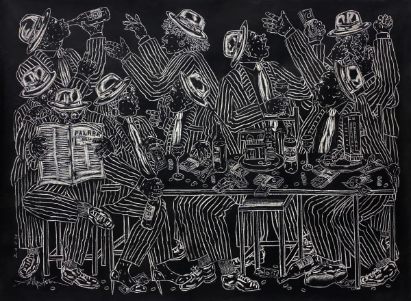 Salifou Lindou painting. Cameroonian Artist. Contemporary African art in Paris. AFIKARIS Gallery Paris. Mixed media (acrylic, clay, pastel, collage) on canvas. Figurative portraits. Duality of human beings. Observation of society. Cercle Kapsiki.