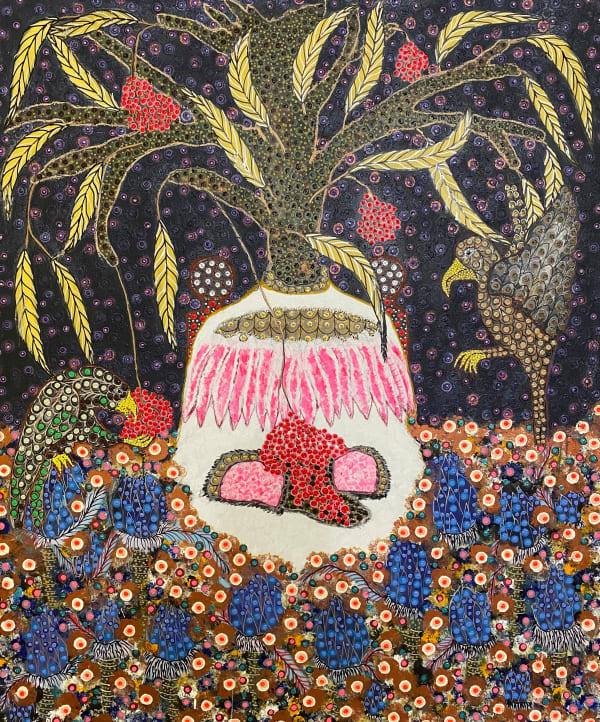 Ousmane Niang painting. Senegalese Artist. Contemporary African art in Paris. AFIKARIS PARIS. Acrylic and pastel on canvas. Pointillism. Anthropomorphic figures. Untitled art miami.