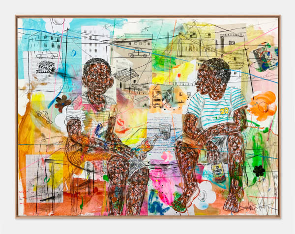 Salifou Lindou painting. Cameroonian Artist. Contemporary African art in Paris. AFIKARIS Gallery Paris. Mixed media on canvas. Figurative portraits. Duality of human beings. Observation of society. Cercle Kapsiki.