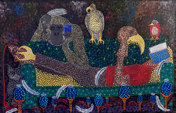 Ousmane Niang painting. Senegalese Artist. Contemporary African art in Paris. AFIKARIS PARIS. Acrylic and pastel on canvas. Pointillism. Anthropomorphic figures.