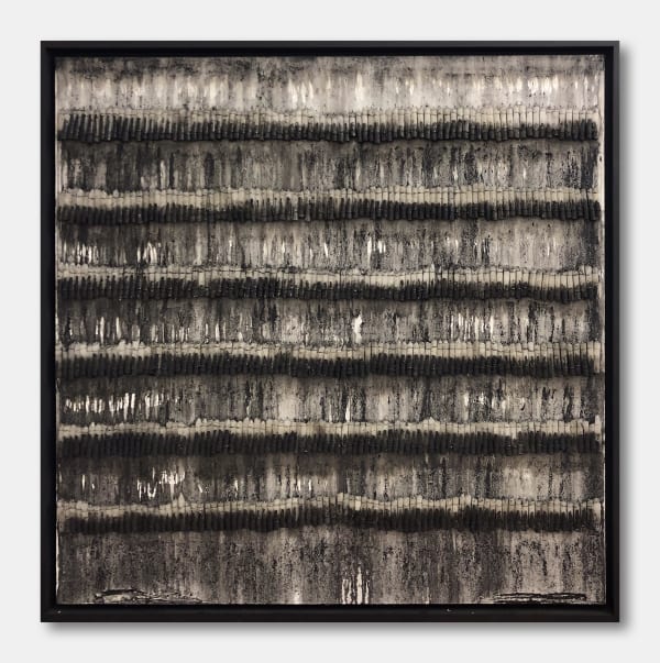 Mouhcine Rahaoui painting. Moroccan Artist. Contemporary African art in Paris. AFIKARIS PARIS. Mixed media (charcoal, wax, glue, plastic, wax, resin) on canvas. Installations. Ready-made. 1-54 London. Art genève 2024