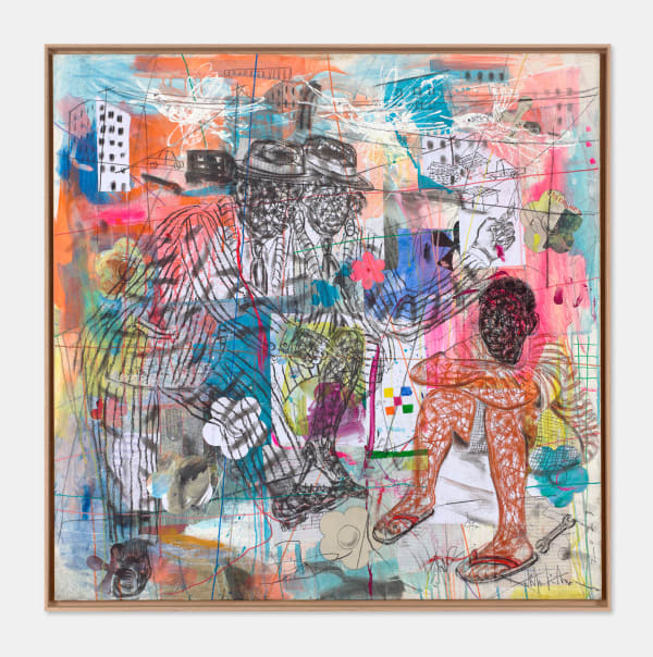 Salifou Lindou painting. Cameroonian Artist. Contemporary African art in Paris. AFIKARIS Gallery Paris. Mixed media (acrylic, clay, pastel, collage) on canvas. Figurative portraits. Duality of human beings. Observation of society. Cercle Kapsiki.