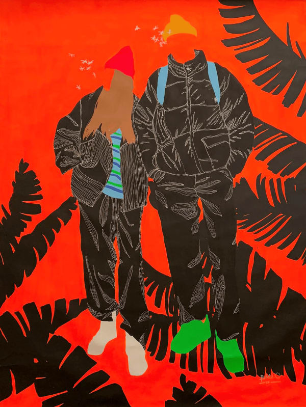 Moutsapha Baidi Oumarou painting. Cameroonian Artist. Contemporary art. Acrylic and pen on canvas. Flamboyant hues and monochrome background. Bold colours. Daily-life scenes.