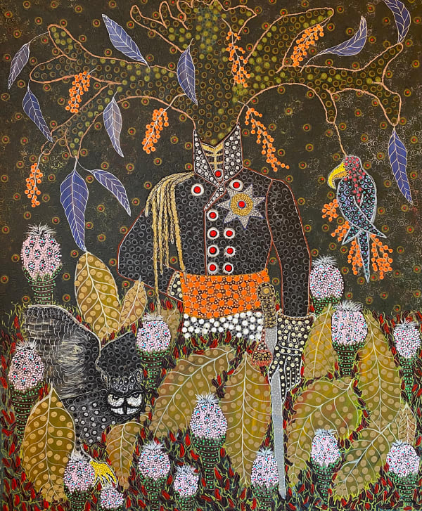 Ousmane Niang painting. Senegalese Artist. Contemporary African art in Paris. AFIKARIS PARIS. Acrylic and pastel on canvas. Pointillism. Anthropomorphic figures. Untitled art miami.