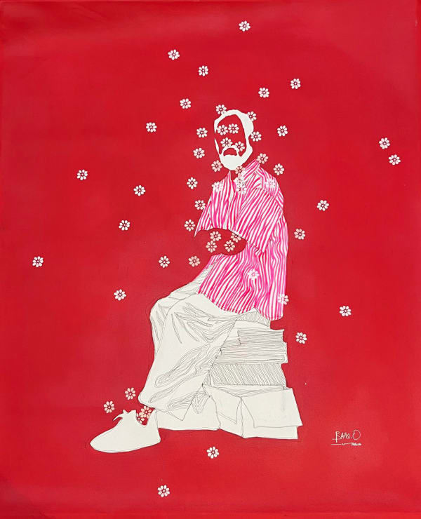 Moutsapha Baidi Oumarou painting. Cameroonian Artist. Contemporary art. Acrylic and pen on canvas. Flamboyant hues and monochrome background. Bold colours. Daily-life scenes.