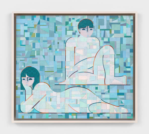 Ruby Sky Stiler Two Figures in Blue, 2024 Acrylic, graphite, and paper on panel 44 x 50 in (111.8 x 127 cm) 47 1/8 x 53 1/8 x 4 in framed (119.7 x 134.9 x 10.2 cm framed)