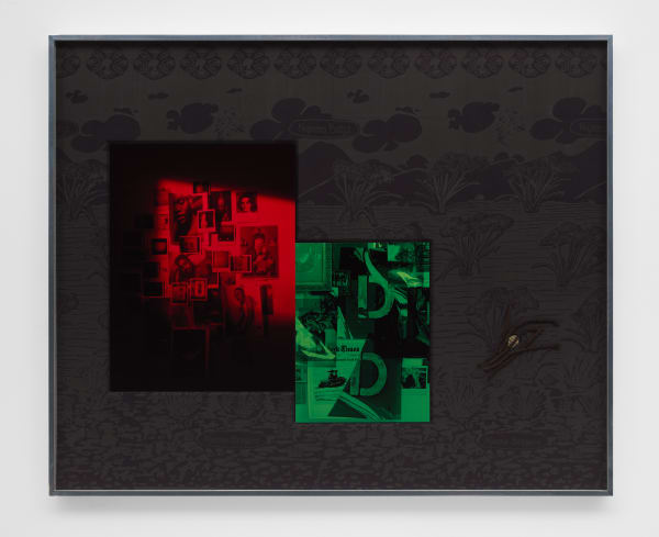 Lyle Ashton Harris Nyame Bekyere, 2019 Ghanaian cloth, dye sublimation prints, and ephemera 40 1/2 x 50 x 3 in framed (102.9 x 127 x 7.6 cm)