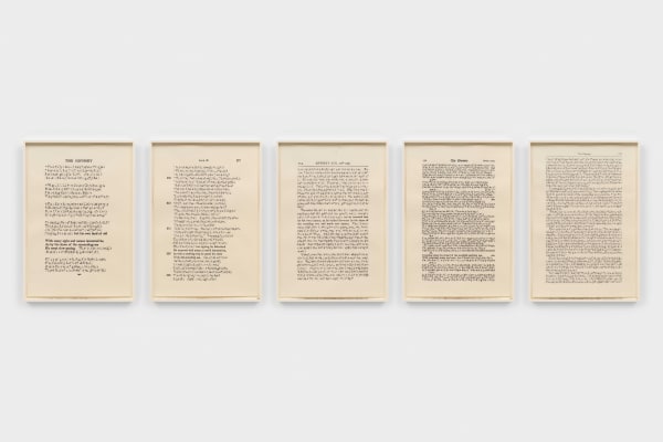 Bethany Collins The Odyssey: 1905 / 1863 / 1883 / 1904 / 1999, 2024 Graphite on Somerset paper in 5 parts 44 x 30 in each (111.8 x 76.2 cm each) 46 1/2 x 32 1/2 x 1 3/4 in framed each (118.1 x 82.5 x 4.4 cm framed each) 46 1/2 x 178 1/2 x 1 3/4 in overall (118.1 x 453.4 x 4.4 cm overall)