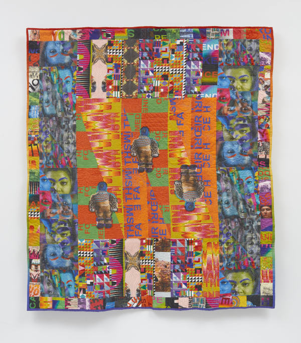 Jeffrey Gibson A LITTLE BIT LOUDER NOW, 2019 Cotton and linen, digitally printed fabric, polyester thread, and cotton batting 77 x 68 1/4 in (195.6 x 173.4 cm)
