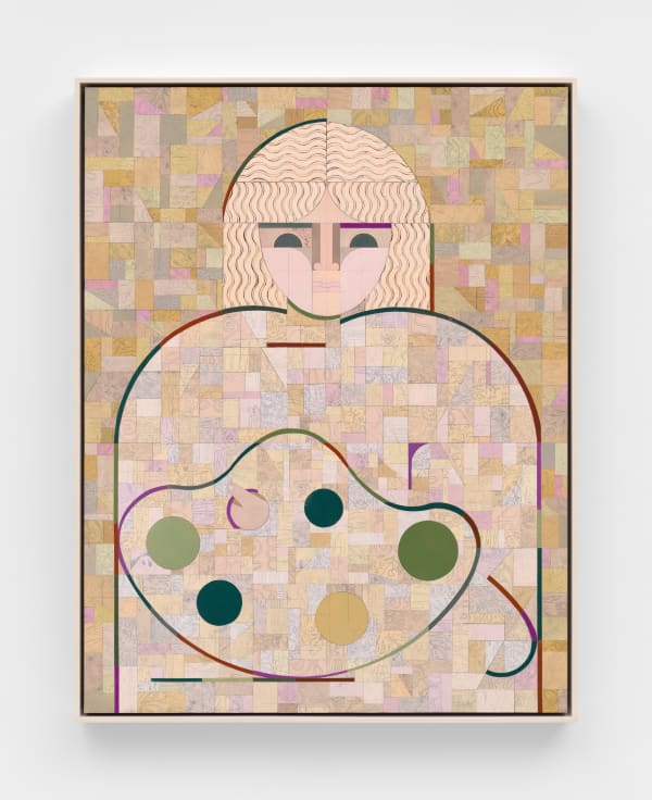 Ruby Sky Stiler Artist with Green Palette, 2024 Canvas, acrylic, pencil, and Jade adhesive on panel 44 x 34 in (111.8 x 86.4 cm) 45 1/4 x 35 1/4 x 2 3/4 in framed (114.9 x 89.5 x 7 cm framed)