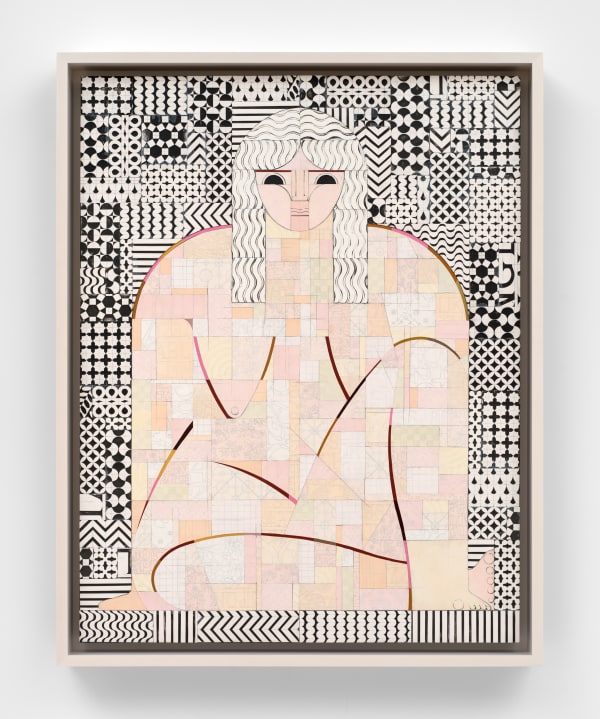 Ruby Sky Stiler Seated Woman, 2024 Acrylic, acrylic resin, pencil, paper, and glue on panel 44 x 34 x 2 in (111.8 x 86.4 x 5.1 cm) 47 1/4 x 37 1/4 x 4 in framed (120 x 94.6 x 10.2 cm framed)