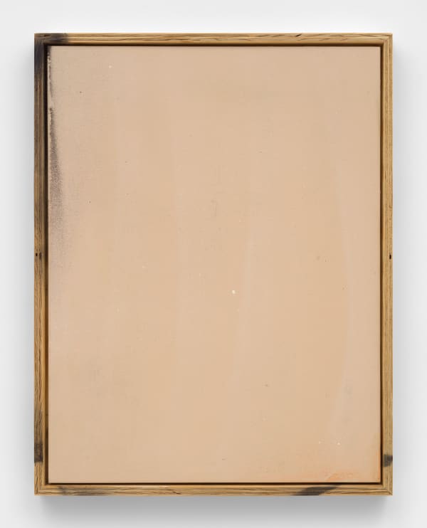 Karlos Cárcamo Kase Painting (P1), 2021 Latex and spray enamel, graffiti remover, and collage on canvas in reclaimed plywood frame 36 x 28 in (91.4 x 71.1 cm)