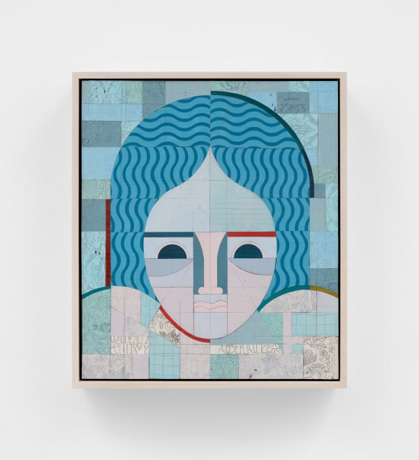 Ruby Sky Stiler Blue Woman, 2024 Canvas, acrylic, pencil, and Jade adhesive on panel 18 x 15 3/8 in (45.7 x 39.1 cm) 19 1/8 x 16 5/8 x 3 3/8 in framed (48.6 x 42.2 x 8.6 cm framed)