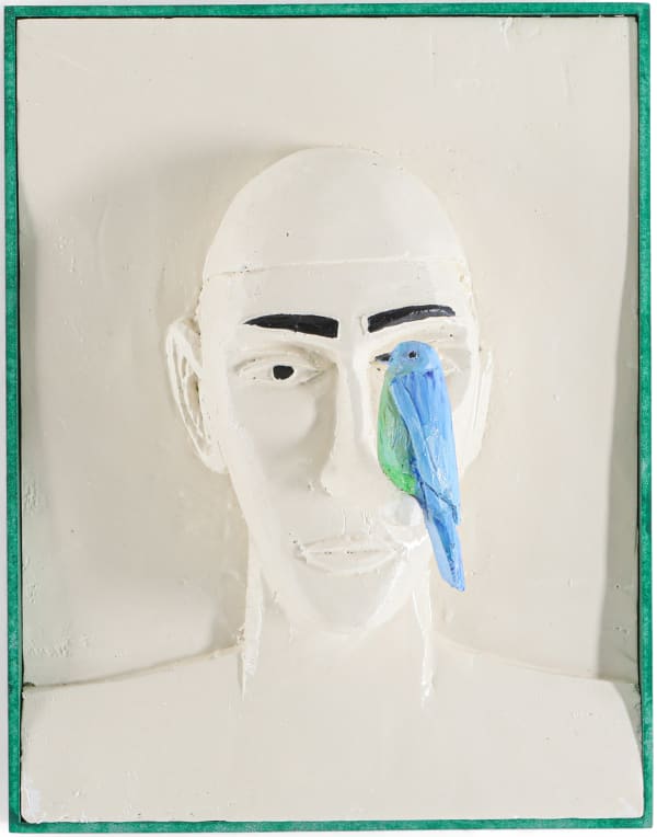 Victor Delestre, Man with long nose and bird, 2020