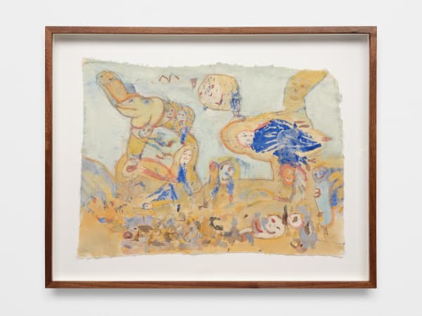 Ross Simonini Milk Heaven, 2022 Milk paint (olive oil, fossilized sea shells, pine resin, flax oil, beeswax, pigment, soap, salt), trace minerals, cedarwood oil, graphite on muslin in walnut frame 16 x 22 in 40.6 x 55.9 cm Framed: 21 1/4 x 26 3/4 in 54 x 67.9 cm