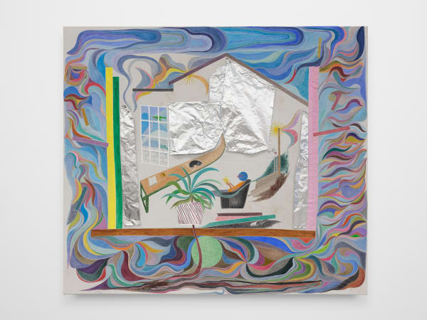 Chris Johanson Untitled, 2022 Acrylic, aluminum foil, and household paint on canvas 61 1/2 x 70 in 156.2 x 177.8 cm