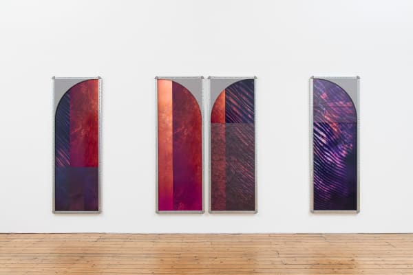 Sara VanDerBeek Lace Interlace I-IV, 2024 Four parts: UV print on plexiglass, dye sublimation print mounted on aluminum, Valchromat, zinc-plated steel 75 x 27 x 1 1/2 in each 190.5 x 68.6 x 3.8 cm Edition of 1 plus 1 artist's proof (Edition record)