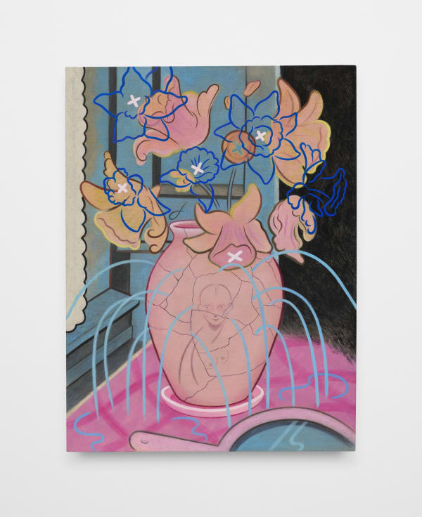 Koak Self Portrait w/ Flowers, 2022 Flashe, acrylic, graphite, pencil, pastel, chalk, and casein on linen 40 x 30 in 101.6 x 76.2 cm