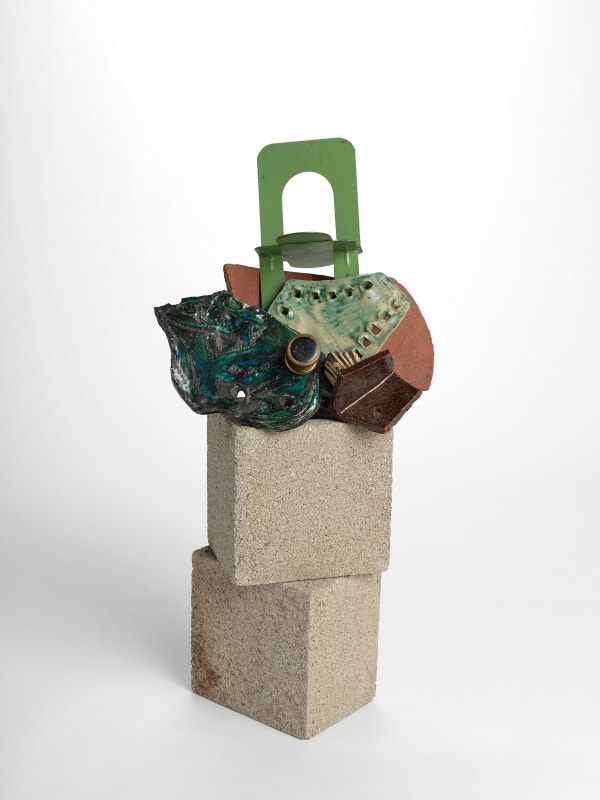Erin Trefry Figure Words 1, 2019-2021 Glazed stoneware, bookends and drawer pull on cinder blocks 13 1/2 x 13 1/2 x 9 in 34.3 x 34.3 x 22.9 cm