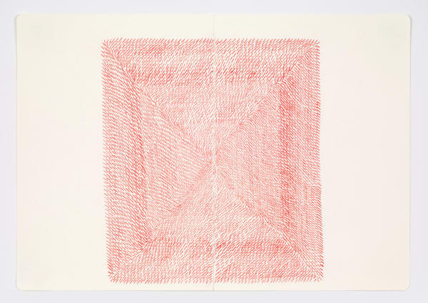Jessica Dickinson binding-time (notebook drawing for From/With #5), 2021 Colored pencil on paper with linen tape 11 3/4 x 16 in 29.8 x 40.6 cm