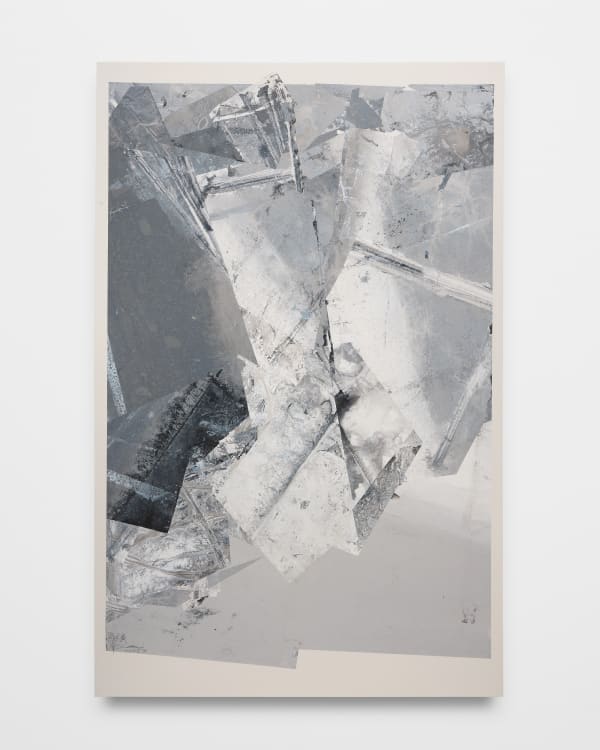 Zheng Chongbin Displaced Landscape, 2023 Acrylic, ink, Xuan paper on panel 80 x 51 1/2 in 203.2 x 130.8 cm