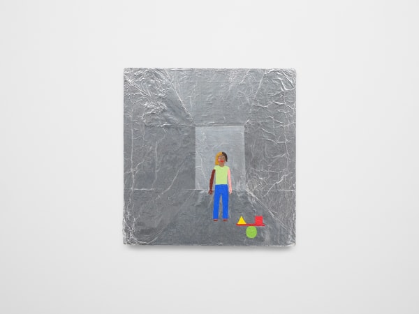 Chris Johanson Sanctuary(Reasonable) Variable, Unique, 2024 Acrylic, aluminum foil, and household paint on panel 12 x 11 1/2 in 30.5 x 29.2 cm