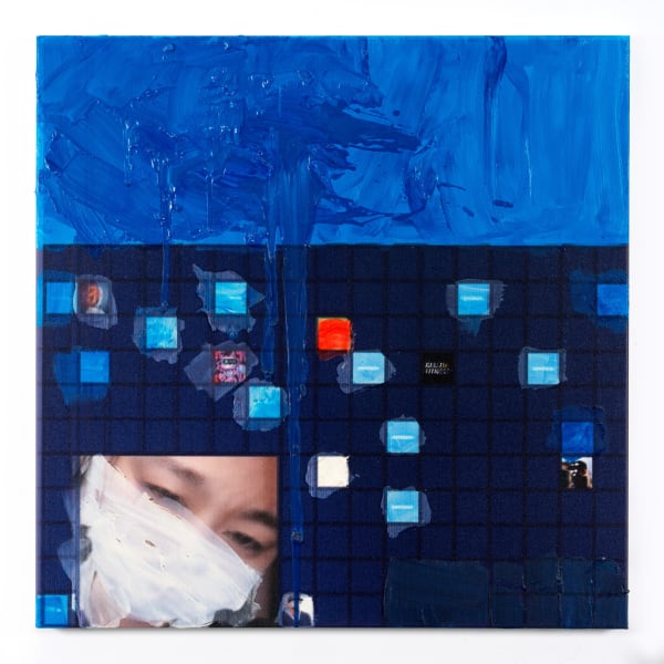 Simon Denny Metaverse Landscape 22: The Sandbox Land (-71, -159), 2023 Oil on canvas, UV print, Ethereum paper wallet, dynamic ERC-721 NFT 39 3/8 x 39 3/8 x 1 3/4 in 100 x 100 x 4.5 cm