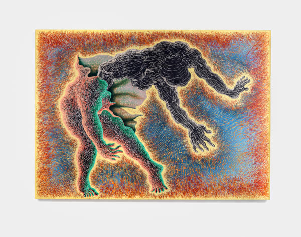 Didier William Moult 1, 2023 Acrylic, ink, wood carving on panel 52 x 74 in 132.1 x 188 cm