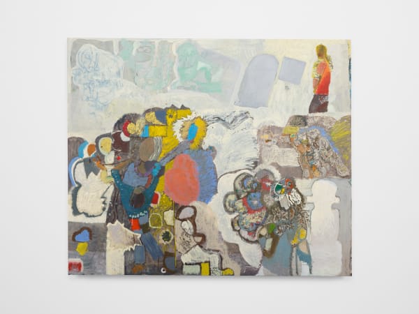 Rafael Delacruz stone rose, 2024 Oil, acrylic, wood block print on canvas 73 x 87 1/2 in 185.4 x 222.3 cm