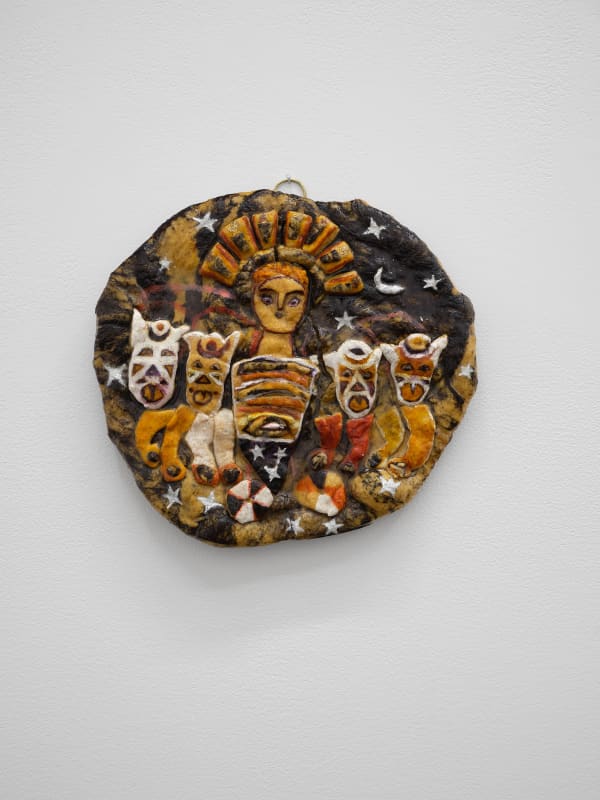 Jenna Thornhill Synagogue Helios, 2021 Challah bread, food coloring, metal leaf, and resin 12 x 11 x 1 1/2 in 30.5 x 27.9 x 3.8 cm