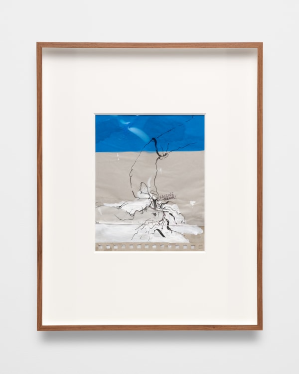 Lynn Hershman Leeson Vaccine Terror, 2021 Pen and acrylic paint on paper with blue plastic 18 1/2 x 14 1/2 in 47 x 36.8 cm