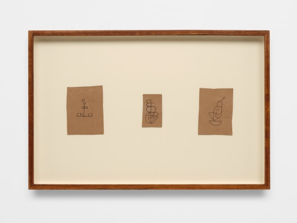 Ross Simonini Three Under Drawings, 2021 Ink, cardboard, linen tape on paper in walnut frame Framed: 11 1/2 x 17 1/2 in 29.2 x 44.5 cm