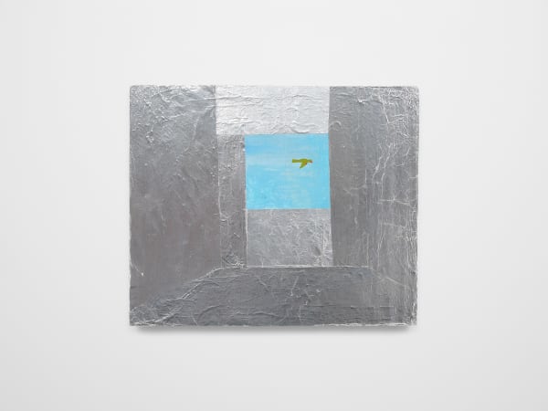 Chris Johanson Sanctuary(Reasonable) Variable, Unique, Co-Exist(Joy), 2024 Acrylic, aluminum foil, and household paint on panel 18 x 22 1/2 in 45.7 x 57.1 cm