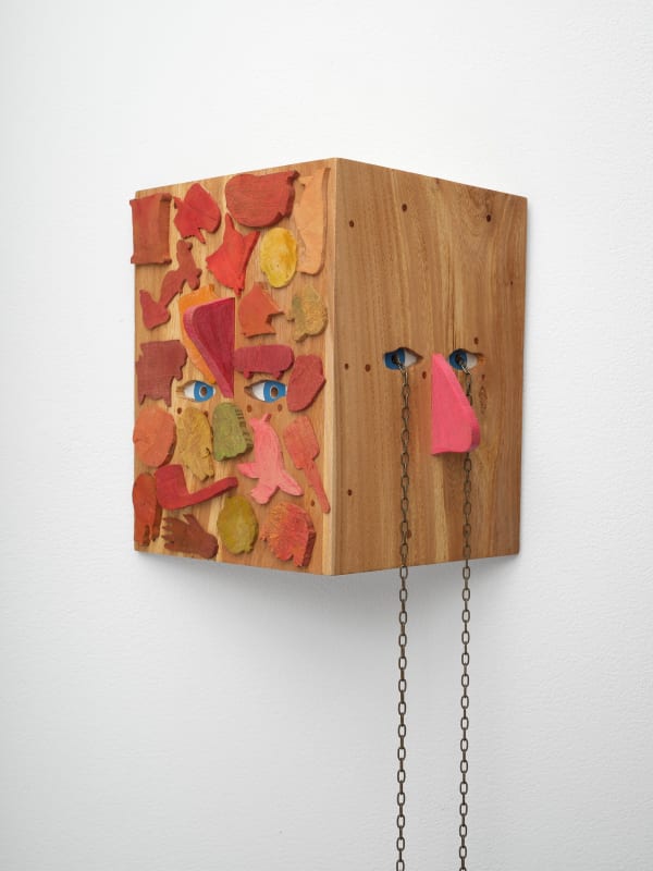 Will Rogan Fall 2024, 2025 Elm, mahogany, teak, cuckoo clock chain, watercolor and oil paint 10 x 9 x 5 in 25.4 x 22.9 x 12.7 cm