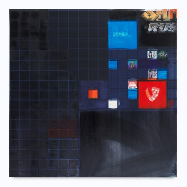 Simon Denny Metaverse Landscape 26: The Sandbox Land (-179, 37), 2023 Oil on canvas, UV print, Ethereum paper wallet, dynamic ERC-721 NFT 78 3/4 x 78 3/4 x 1 3/4 in 200 x 200 x 4.4 cm