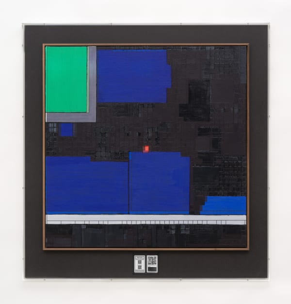 Simon Denny Metaverse Landscape 2: Decentraland Parcel 23, 65, 2022 UV print and oil on canvas, wood, MDF, plexiglas, ETH paper wallet, dynamic ERC-721 NFT 50 x 48 x 2 1/2 in 127 x 121.9 x 6.3 cm