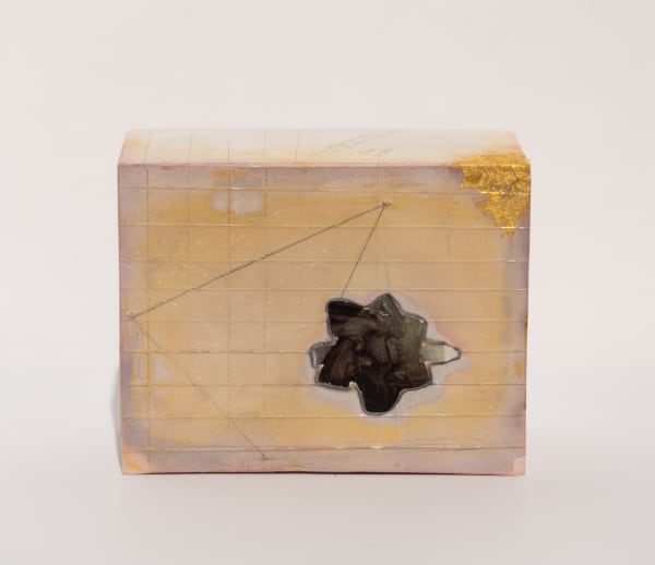 Tehmeena Firdos Prisoner Shoe, 2025 Dental Plaster, Print on Acrylic Sheet and Gold Foil 12.7 x 10.2 x 6.3 cm 5 x 4 x 2 1/2 in