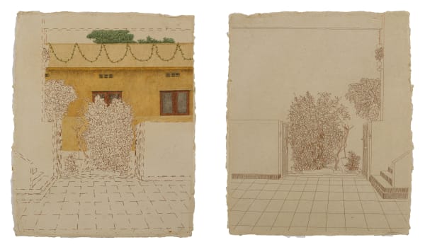 Dakshayani Chippada Beyond Comparison - 2, 2025 Hand stitched with copper wire and colour pencil on Wasli paper 38.1 x 55.9 cm 15 x 22 in